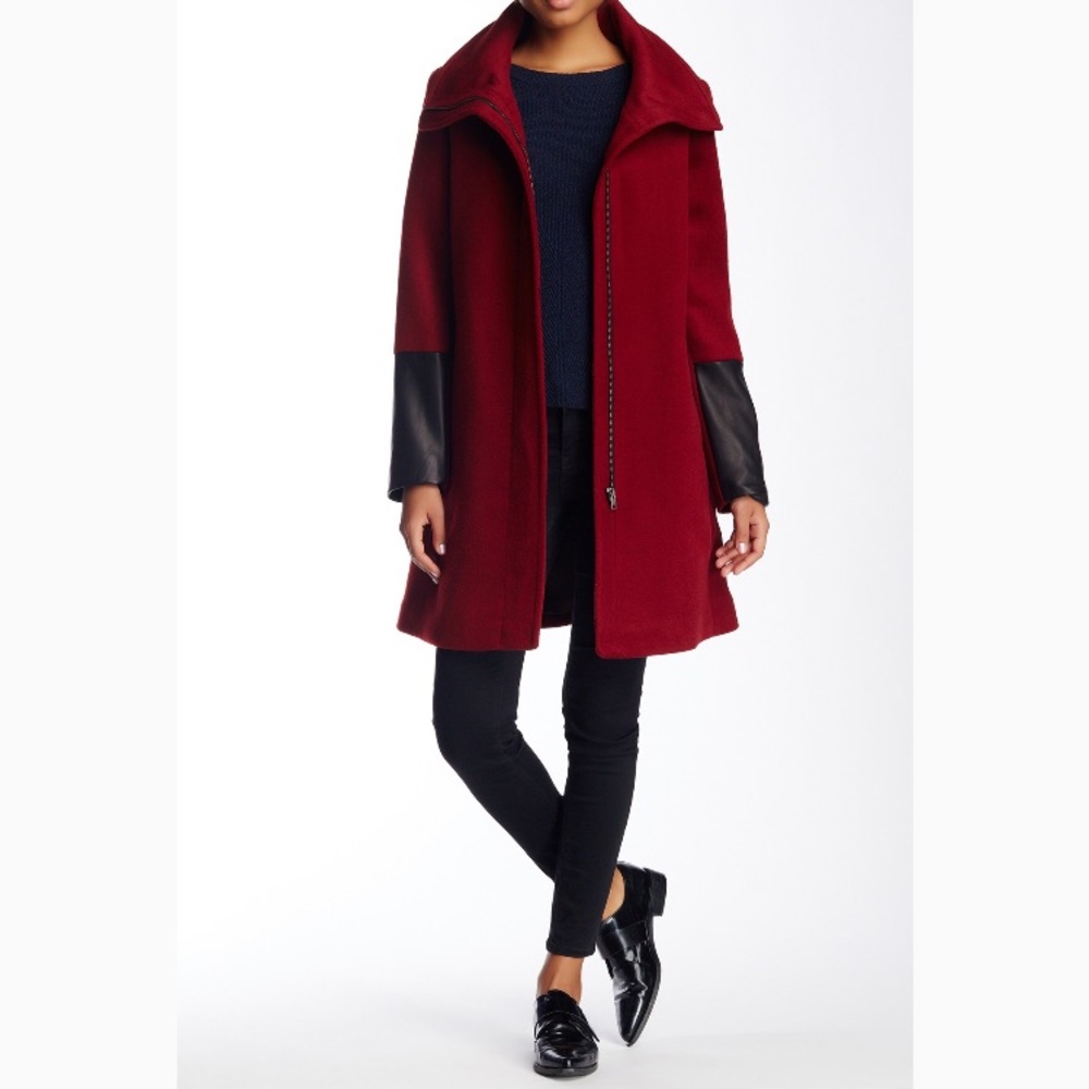 Red wool coat with soft leather cuffs